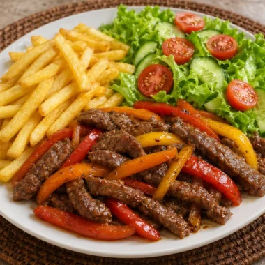 Ultimate pepper steak plate with crispy fries and fresh salad