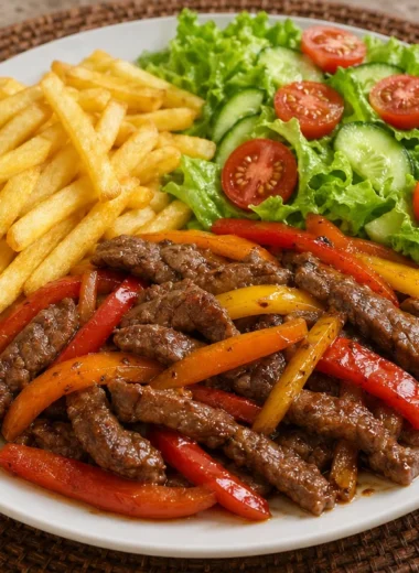 Ultimate pepper steak plate with crispy fries and fresh salad