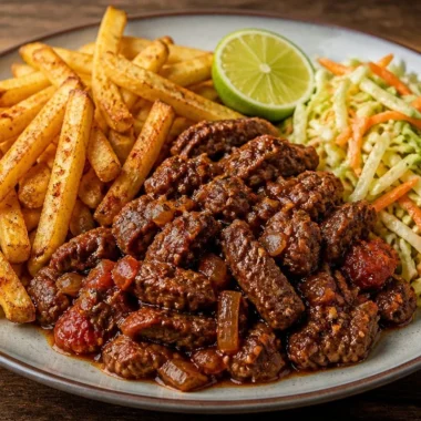 Plate of beef served with golden crispy fries, a hearty meal.