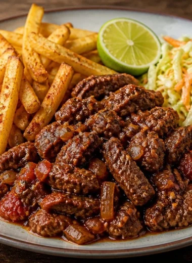 Plate of beef served with golden crispy fries, a hearty meal.