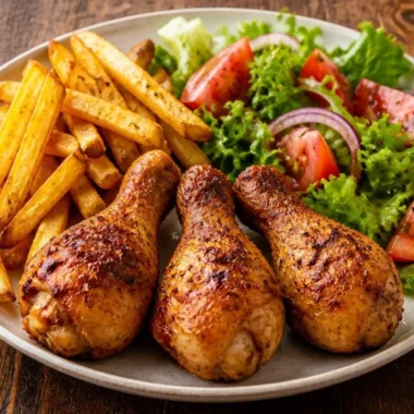 Delicious chicken drumsticks with golden fries and fresh garden salad on a plate.