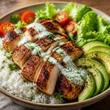 Citrusy herb-grilled chicken rice bowl garnished with fresh herbs and citrus slices