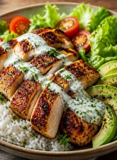 Citrusy herb-grilled chicken rice bowl garnished with fresh herbs and citrus slices