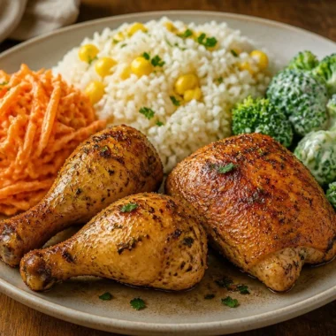 Delicious herb-roasted chicken with corn rice and mixed vegetables garnished on a plate.