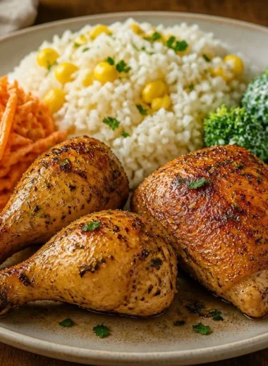 Delicious herb-roasted chicken with corn rice and mixed vegetables garnished on a plate.