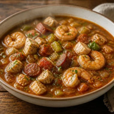 Delicious seafood gumbo bowl with shrimp, crab, and spices served in a cozy setting.