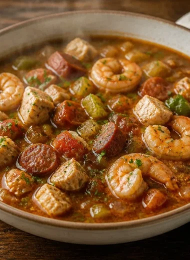 Delicious seafood gumbo bowl with shrimp, crab, and spices served in a cozy setting.