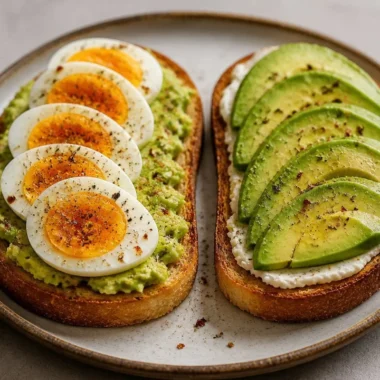 Creamy avocado egg toast stack with fresh ingredients on a plate