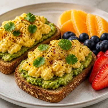 Creamy avocado egg toast served with colorful fresh fruit on top.