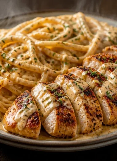 Creamy Cajun chicken pasta served with fresh herbs and spices for a flavorful dish.