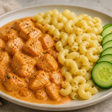 Creamy chicken pasta dish served with cucumber bites for a refreshing complement