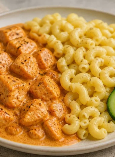 Creamy chicken pasta dish served with cucumber bites for a refreshing complement