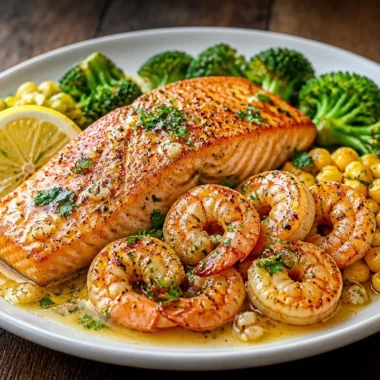 Creamy garlic butter salmon and shrimp skillet garnished with herbs