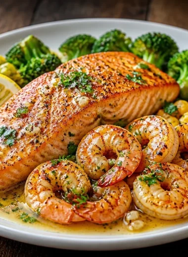 Creamy garlic butter salmon and shrimp skillet garnished with herbs