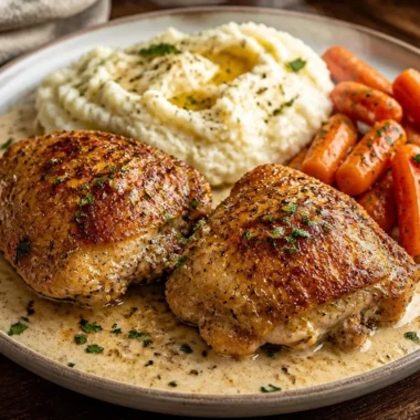 Delicious creamy garlic chicken plate garnished with fresh herbs