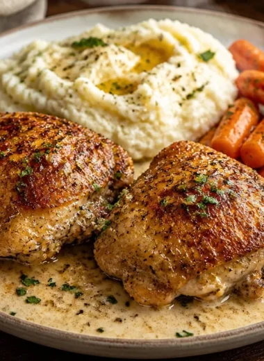 Delicious creamy garlic chicken plate garnished with fresh herbs