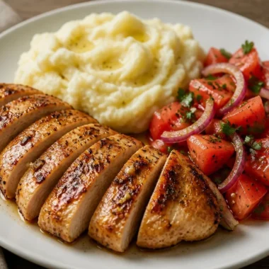 Creamy garlic chicken served with mashed potatoes and a fresh tomato salad