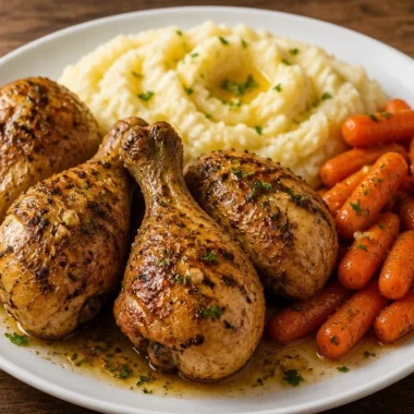 Plate of creamy garlic herb chicken served with mashed potatoes