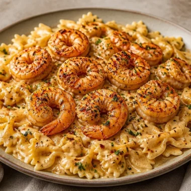 Creamy garlic shrimp pasta with herbs and spices served in a bowl