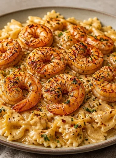 Creamy garlic shrimp pasta with herbs and spices served in a bowl