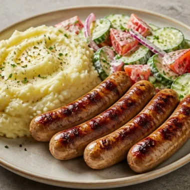 Plate of creamy mash served with sausages and a garden salad