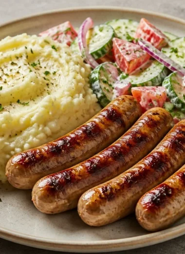 Plate of creamy mash served with sausages and a garden salad