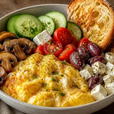 Creamy Mediterranean omelette bowl with fresh vegetables and herbs