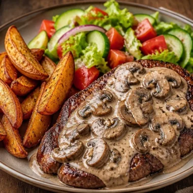 Creamy mushroom steak skillet served in a frying pan with fresh herbs