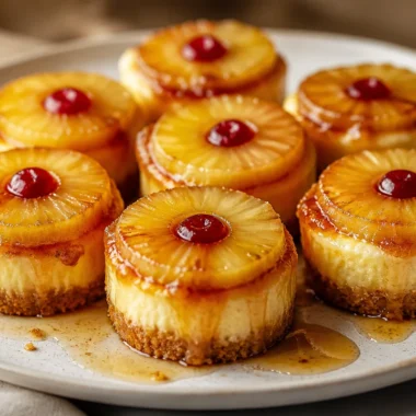 Delicious creamy pineapple upside-down cheesecake bites on a plate.
