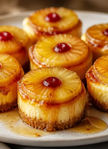 Delicious creamy pineapple upside-down cheesecake bites on a plate.