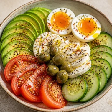 Delicious creamy protein breakfast bowl topped with fresh fruits and nuts.