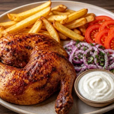 Creamy roast chicken tray with vegetables and herbs