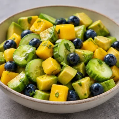 Crisp mango cucumber salad topped with blueberries and avocado for a refreshing dish.