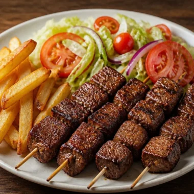 Plate of crispy beef skewers garnished with fresh herbs