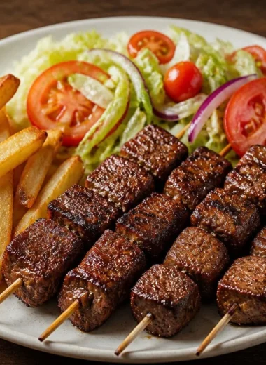 Plate of crispy beef skewers garnished with fresh herbs