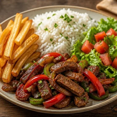 Crispy beef stir-fry plate with rice, fries, and mixed salad on a wooden table