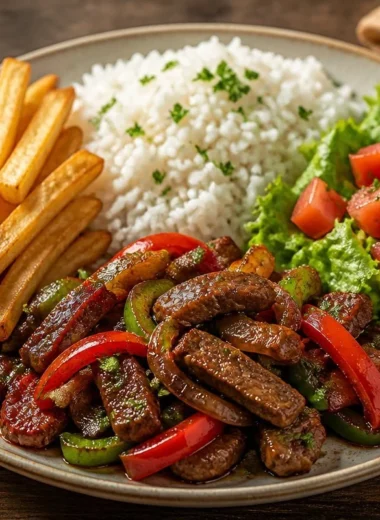 Crispy beef stir-fry plate with rice, fries, and mixed salad on a wooden table