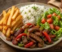 Crispy Beef Stir-Fry Plate With Rice, Fries, Salad