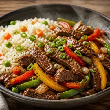 Crispy Beef Veggie Stir-Fry Rice Bowl with colorful vegetables and tender beef