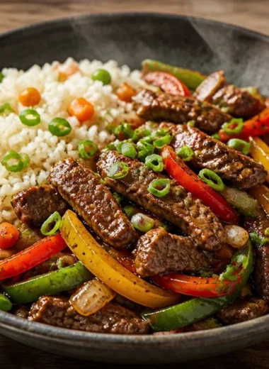 Crispy Beef Veggie Stir-Fry Rice Bowl with colorful vegetables and tender beef