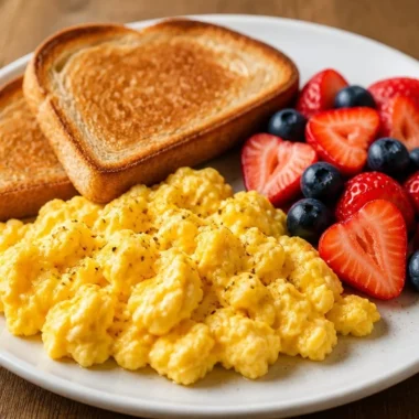 Crispy Berry Toast with fluffy scrambled eggs on a plate