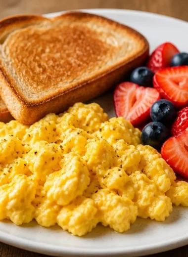 Crispy Berry Toast with fluffy scrambled eggs on a plate