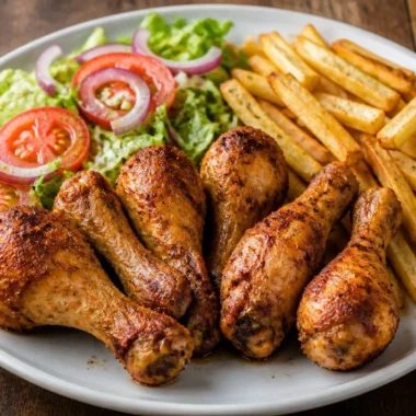 Crispy chicken drumsticks served with golden fries on a plate