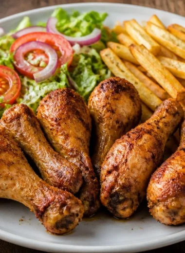 Crispy chicken drumsticks served with golden fries on a plate