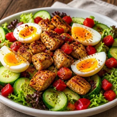 Crispy chicken topped with jammy eggs in a vibrant power salad.