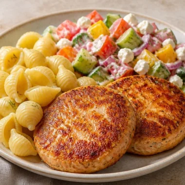 Crispy chicken patties served with pasta and garden salad