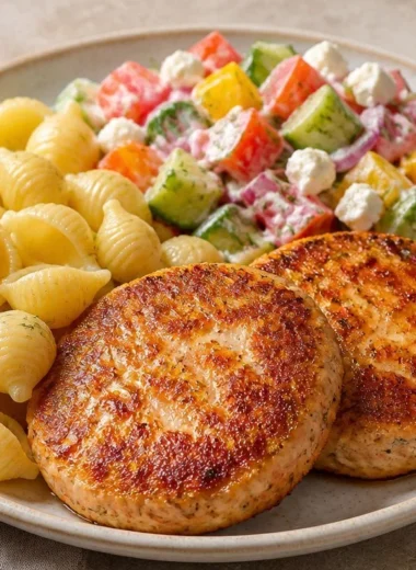 Crispy chicken patties served with pasta and garden salad