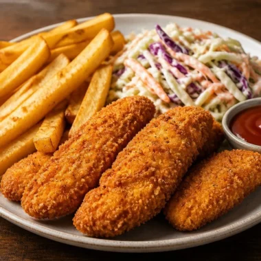 Plate of crispy chicken tenders served with dipping sauce and sides