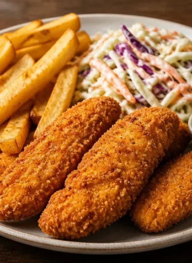 Plate of crispy chicken tenders served with dipping sauce and sides
