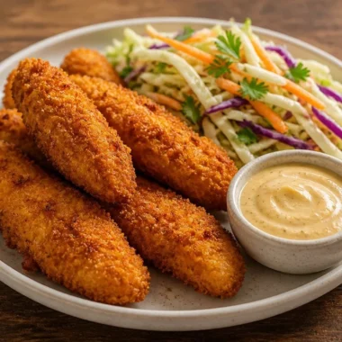 Crispy chicken tenders plate with sauces served on a white dish